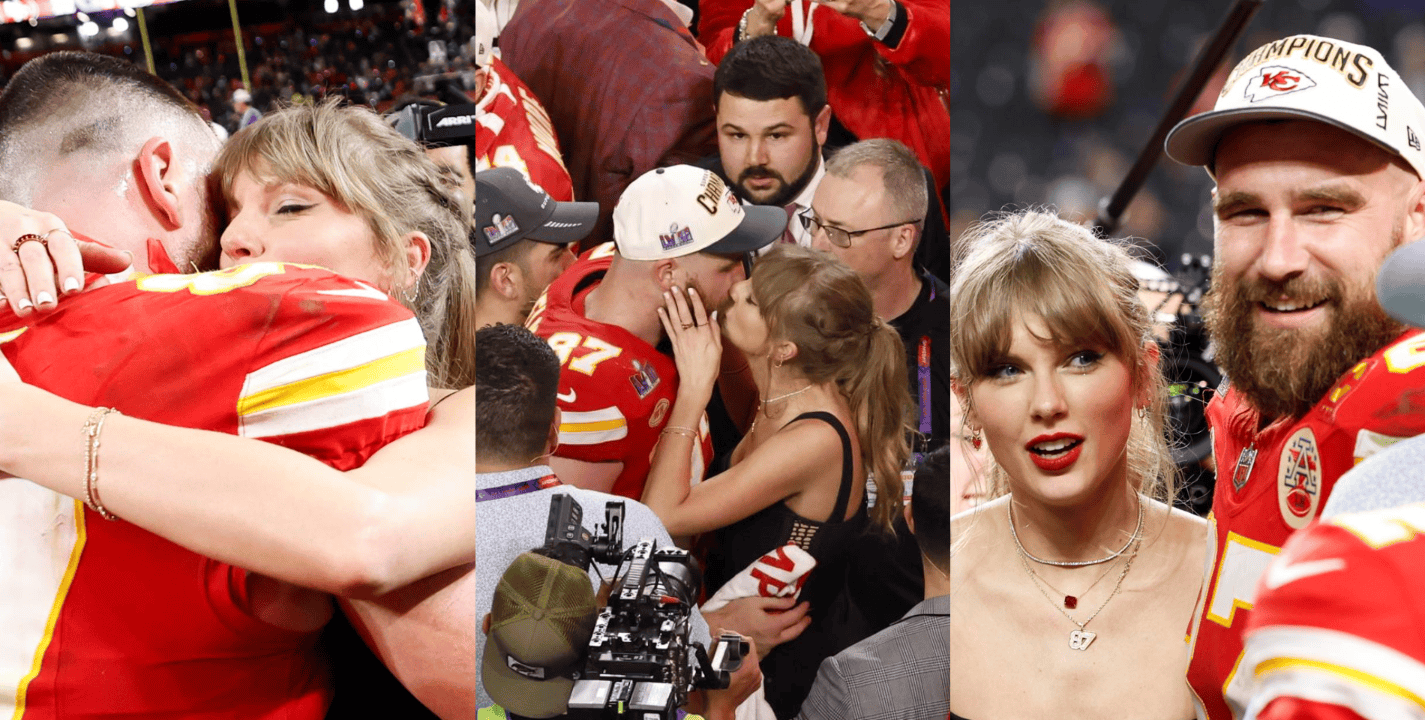 La cantante estadounidense Taylor Swift y el futbolista Trais Kelce protagonizaron el momento más romántico de la noche en la victoria de Kansas City sobre San Francisco en el Super Bowl. EFE/ Caroline Brehman